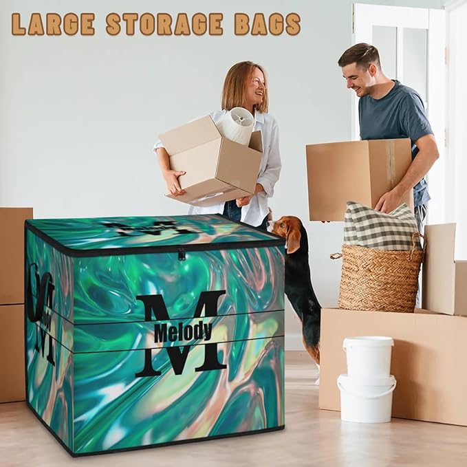 Custom Name Large Clothes Storage Organization with Lids Black Initial Letter Kids Toys Bin Shelf Basket Bedding Clothes Storage Bin for Nursery Gift Basket Abstract Green Pattern