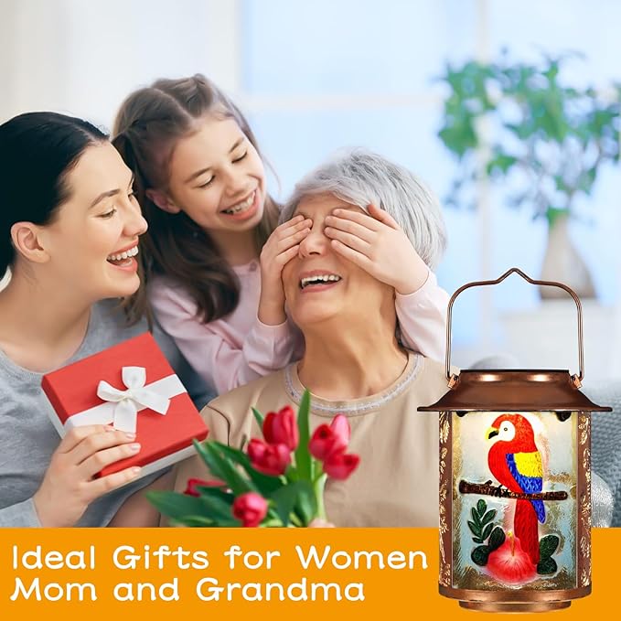 Parrot Solar Lanterns Outdoor WaterproofBirthday Gifts for Women Mom Grandma Garden DecorHanging Solar Lights Wall Mount Decorations for YardFront PorchPatioLawn Pathway Landscape