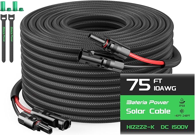 Bateria Power 75FT 10AWG Solar Panel Extension Cable Flame Retardant Protective Sleeving Twin Wire 10 Gauge Solar Cable with IP68 Female &amp Male Waterproof Connectors Dust Caps for Home RV