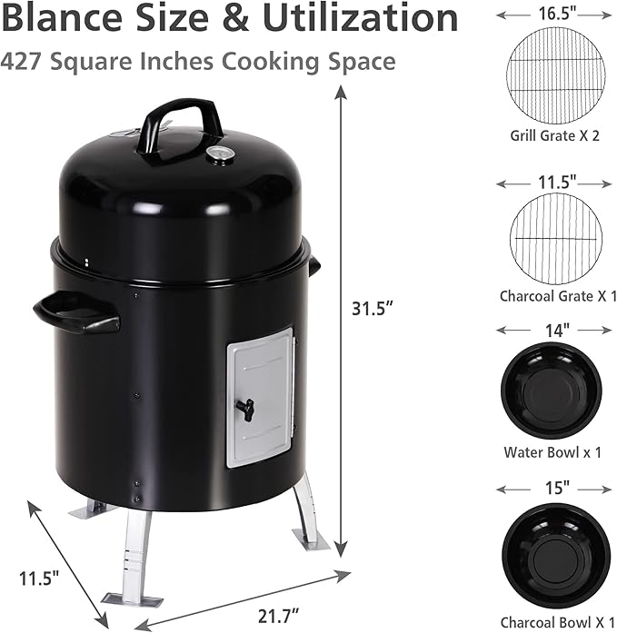 Sophia &amp William 17 Vertical Charcoal Smoker Grills with Two-Tier Grates Heavy-Duty Integral Chamber and Tunnel Ventilation System for BBQ Patio Outdoor Camping(Black)