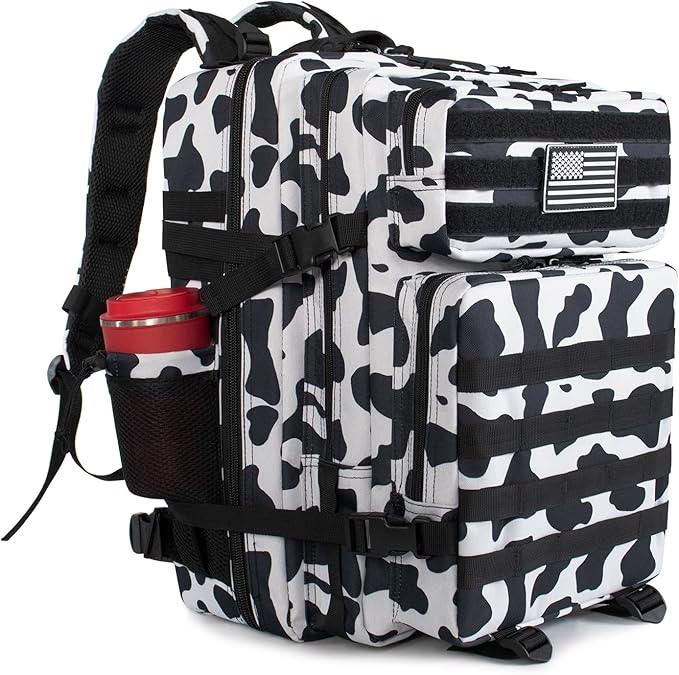 45L Military Tactical Backpack 3 Day Molle Assault Pack Large Army Bug Out Bag Rucksack Daypack for Men Outdoor Hiking Army Camping Hunting Cow Print