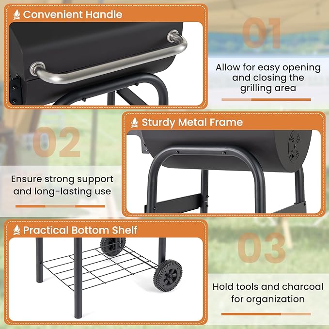 Giantex Portable Charcoal Grill with Foldable Side Table Outdoor BBQ Smoker Grill with Wheels Thermometer Adjustable Air Vent Bottom Shelf Barrel Barbecue Grills for Patio Camping &amp Tailgate