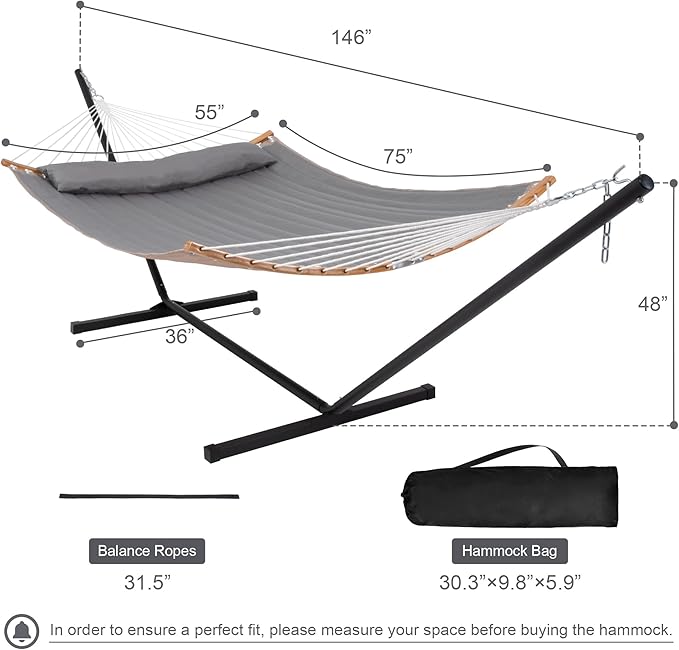 Outdoor Hammock with Stand Included Heavy Duty Hammock with Curved Spreader Bar Pillow and Portable Bag 450 Lbs Capacity Grey