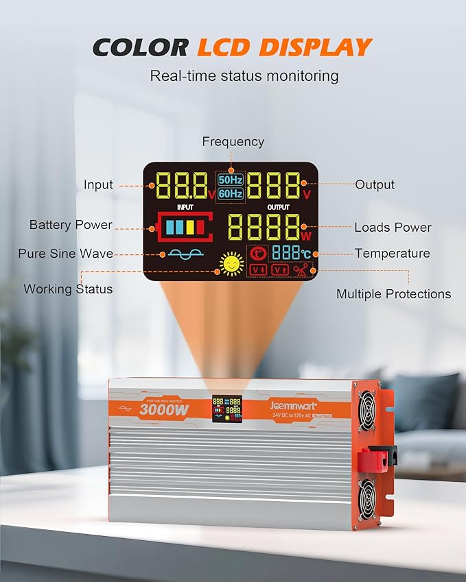 3000 Watt Pure Sine Wave Inverter 24V DC to 120V AC 6000W Peak Power Inverter with 3AC OutletsType-C PD100W/PD30W Hardwire Port Remote Control for Truck RV Vehicles