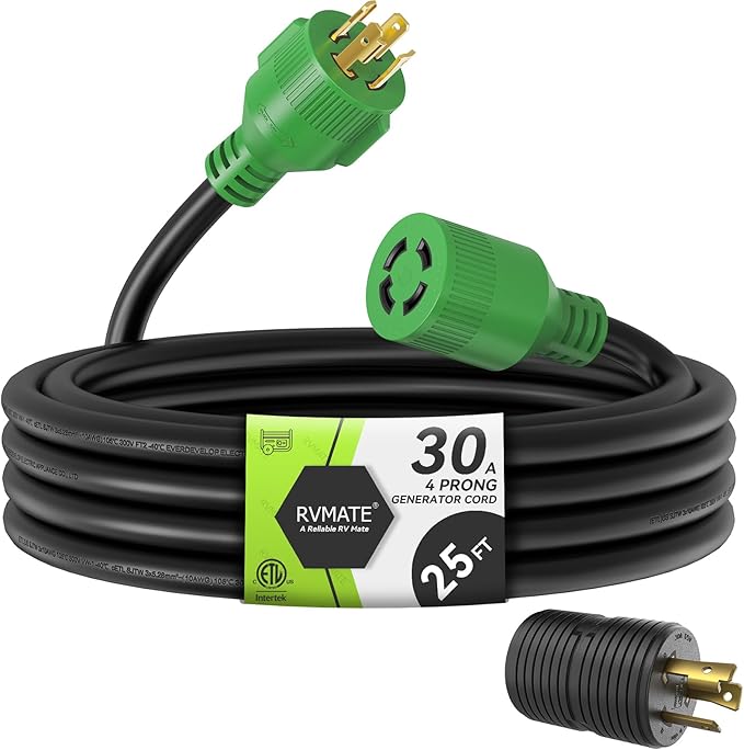 RVMATE 30 Amp Generator Cord 4 Prong 25 Feet NEMA L14-30P/L14-30R 125/250V Up to 7500W 10 Gauge SJTW Generator Extension Cord ETL Listed