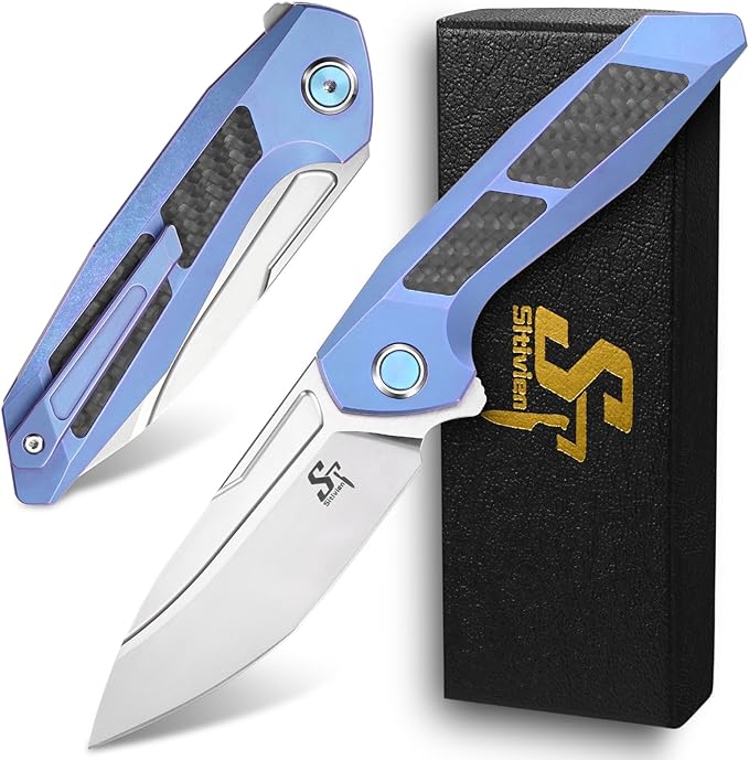 Sitivien ST996 Folding KnifeHandmade M390 Pearlescent Polishing BladeTitanium &amp Carbon Fiber Handle Pocket Knife for Outdoor CampingHikingHunting(Blue)
