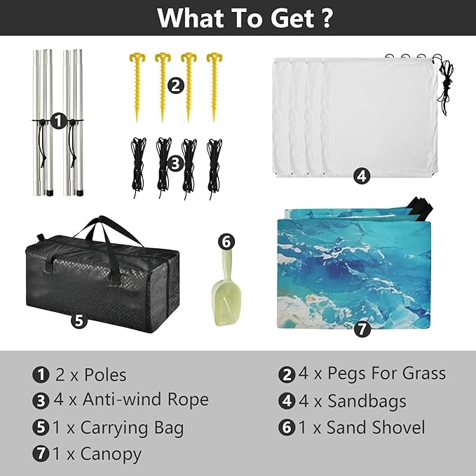 xigua Waves Beach Tent Sun Shelter with Carrying Bag - Silver Coated Oxford Fabric Beach Canopy for Beach Camping Fishing - Includes Windproof Ropes Sandbags &amp Stakes