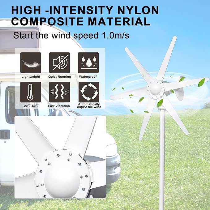 800W Wind Turbine Generator Kit 6-Blade 12V/24V Wind Energy System Durable Electromagnetic Power Generator for Home RV and Off-Grid Use White