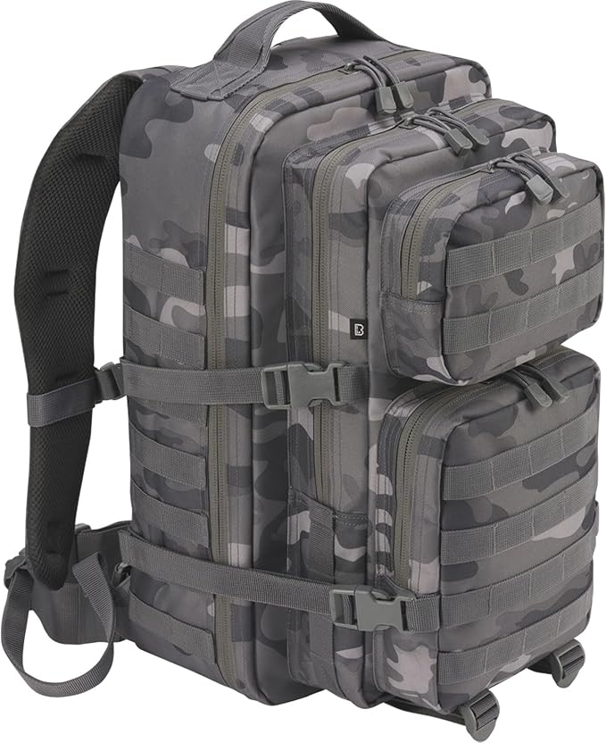 Brandit Individual Wear Assault Large 40-Liter Durable Water-Resistant Multi-Functional Active Outdoor Backpack with Adjustable Padded Shoulder Straps &amp MOLLE/D-Rings Attaching Systems Gray Camo