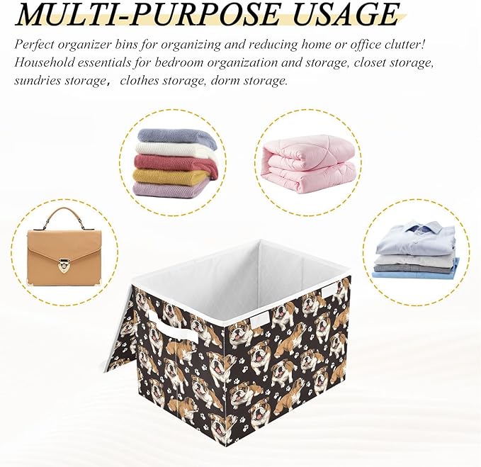 MNSRUU Containers Baskets with Lids Bulldog Pattern Foldable Storage Bins Organizer with Lid Collapsible Storage Boxes for Home Bedroom Closet Office