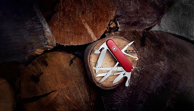 Victorinox Huntsman Swiss Army Knife 15 Functions Swiss Made Pocket Knife with Large Blade Screwdriver Scissors and Wood Saw - Red
