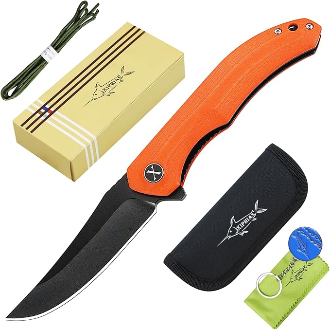 XIPHIAS Father's Day Mother's Day &amp Holiday Gifts for Him &amp Her - Orange Pocket Knife for Men Women | Premium Folding EDC Knife with D2 Blade G10 Handle One-Hand Open Gift Set