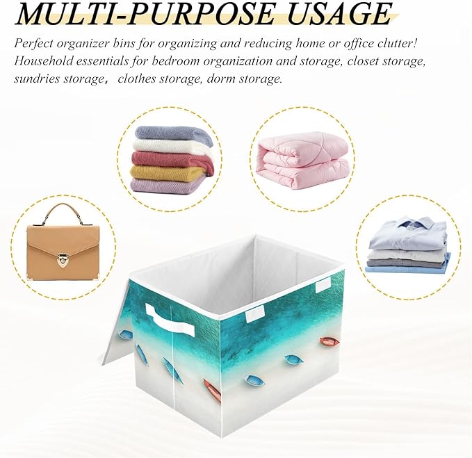 AIXIWAWA Lidded Storage Cube (Beautiful Beach) Fabric Foldable Closet Bins with Flip Lid and Handles Organizer Basket Container 16.5 x 12.6 x 11.8 IN