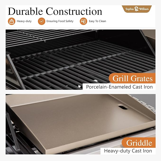 Sophia &amp William Propane Gas Grill and Griddle Combo with Porcelain-Enameled Cast Iron Grates Dual Outdoor BBQ Grill with Flat Top Griddle for Barbecue 696 SQ.IN. Cooking Area