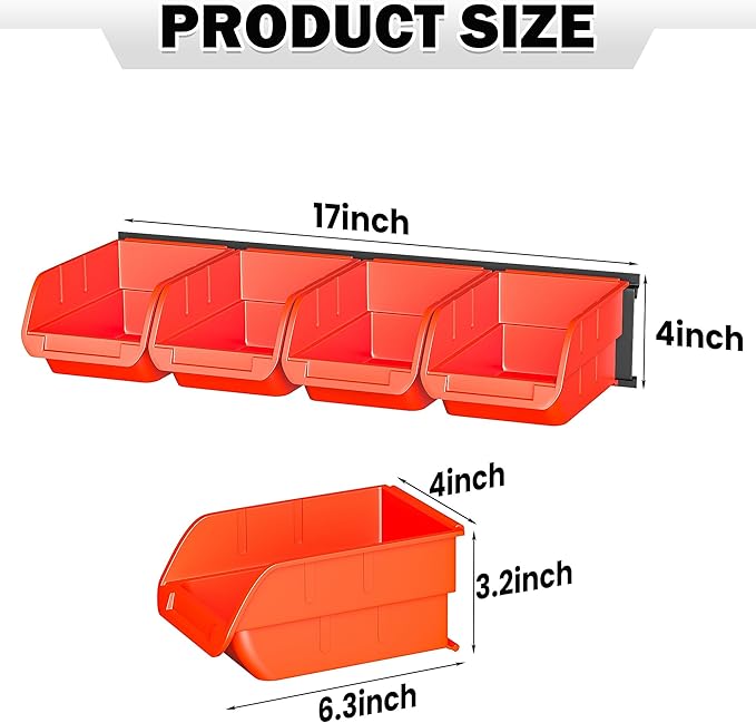Ultrawall Wall Mounted Storage Bins Plastic Hanging Storage Organizer Bins Garage Tool Storage System for Screws Nuts Bolts Nails and Small Hardware Parts 16x bins &amp 4 x rails Orange