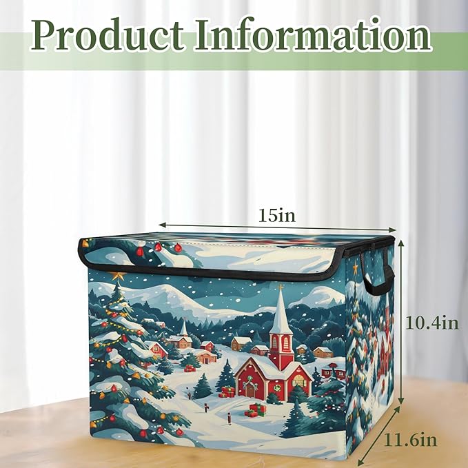 Christmas Xmas Storage Basket with Lid Winter Village Foldable Storage Box Fabric Storage Bins with Carrying Handles for Home Bedroom Closet Organization