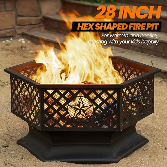 Panovue 28 Inch Hex-Shaped Fire PitWood Burning Fire Pits for Outside with Spark Screen&ampPokerMetal Hexagon Outdoor Firepit for BackyardBonfirePatioPartyGardenPicnic and Camping(28'' Black)