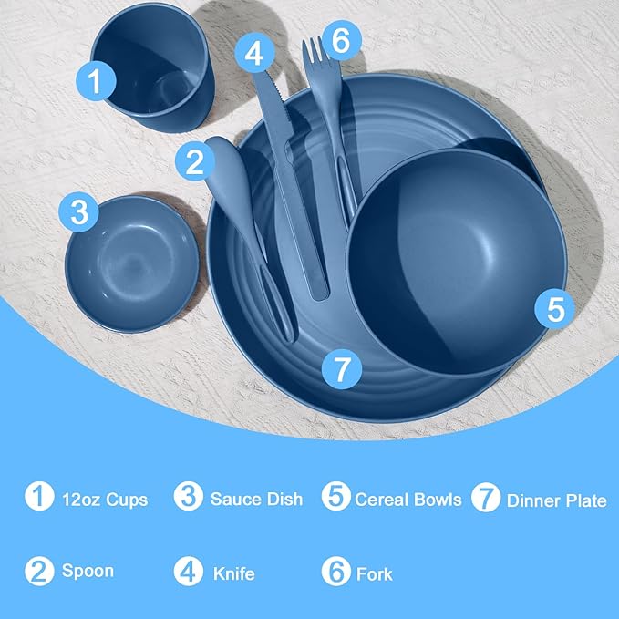Wrova Wheat straw plates and bowls sets with cutlery - Unbreakable wheat straw dinnerware sets - Dishwasher safe platesbowlscups for apartment.Blue