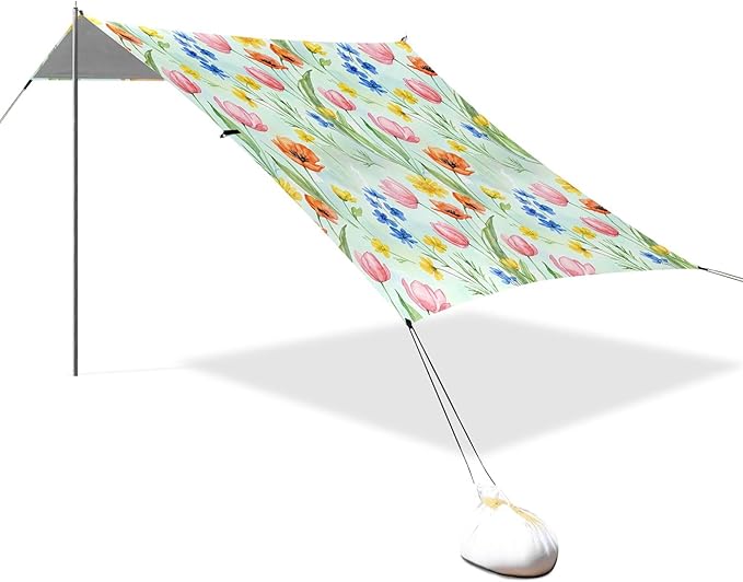 Wildflowers Beach Canopy Sun Shelter with Sandbags &amp Sand Shovel &amp Windproof Ropes - Portable 110x126 Beach Shade Beach Tent for Camping Picnics
