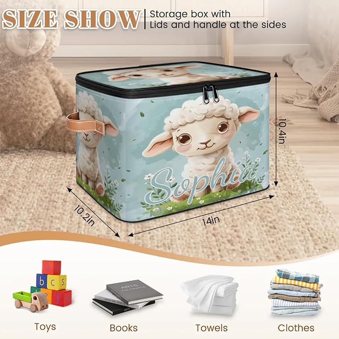 Custom Storage Basket with Name Personalized Storage Bins with Zipper Lid Foldable Fabric Storage Box Large capacity with Handle Flower Sheep