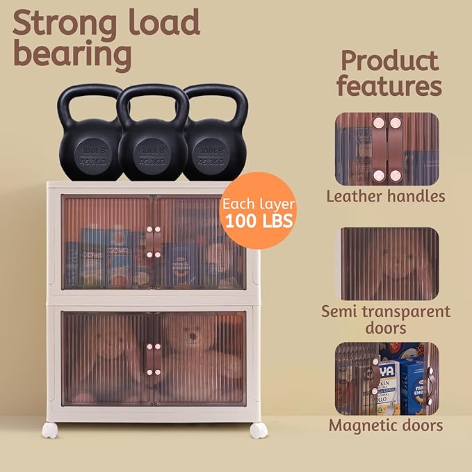 95 QT (285 QT Total) Stackable Storage Bins with Doors – 3 Tier Plastic Cabinet with Doors – Magnetic closure Foldable Storage Bins with Lids &amp Wheels –Collapsible Organizer with Leather Handles