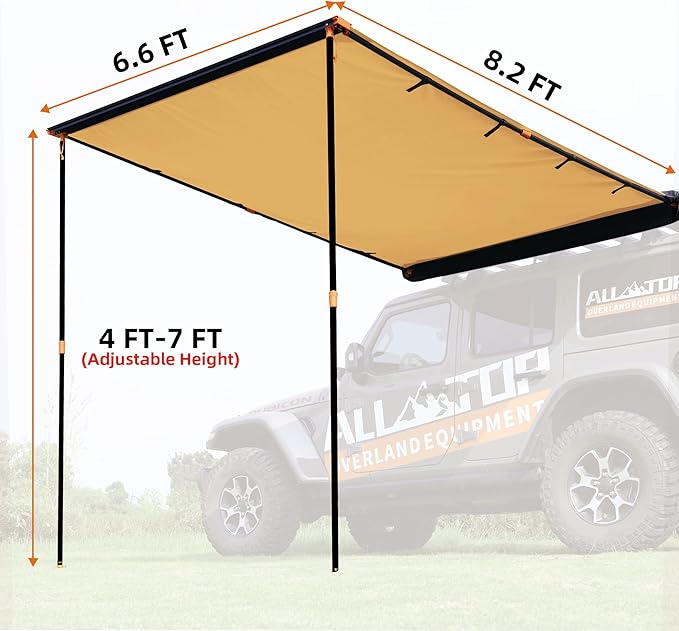ALL-TOP Vehicle Awning 6.6'x8.2' Roof Rack Pull-Out Sun Shade UV50+ Weatherproof 4x4 Side Awning for Camping &amp Overland (Hardware Included)