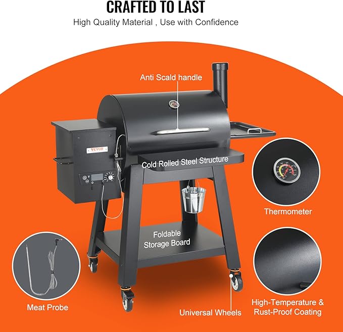 VEVOR Smoker Grill Portable Wood Pellet Grill with Cart 8 IN 1 BBQ Grill with PID Temperature Control for Outdoor Cooking Barbecue Camping Picnic 730 sq Patio and Backyard Black