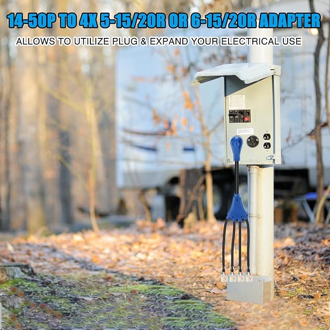 Kanayu 50A to 110V 15/20A RV Generator Adapter Cord Compatible with NEMA 14-50P to 4 x 5-15R/5-20R or 6-15/6-20R 4 Prong Generator Plug to 3 Prong 15/20Amp Household Regular Connector 2FT ETL Listed