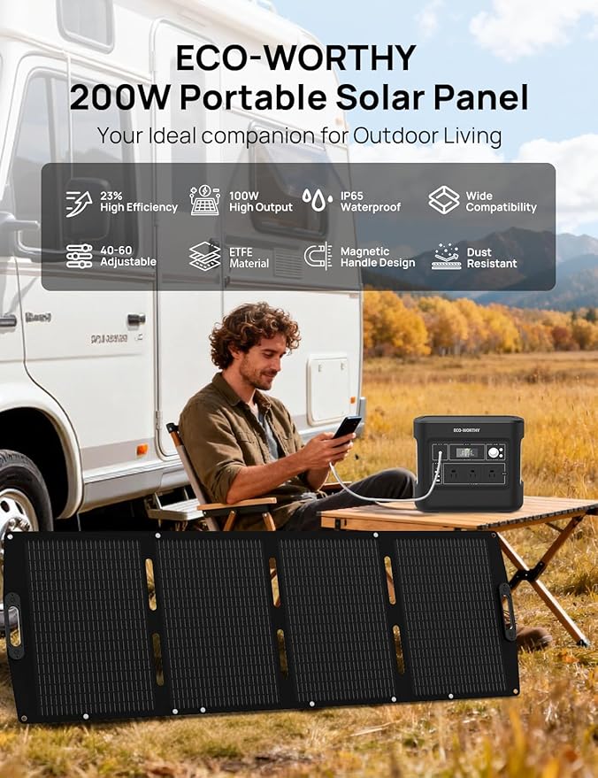 ECO-WORTHY 200W Portable Solar Panel for Power StationsIP65 Waterproof &amp Lightweight with Adjustable Kickstand23% High Efficiency Foldable Solar Panel for Outdoor RV Camping Off Grid Emergency