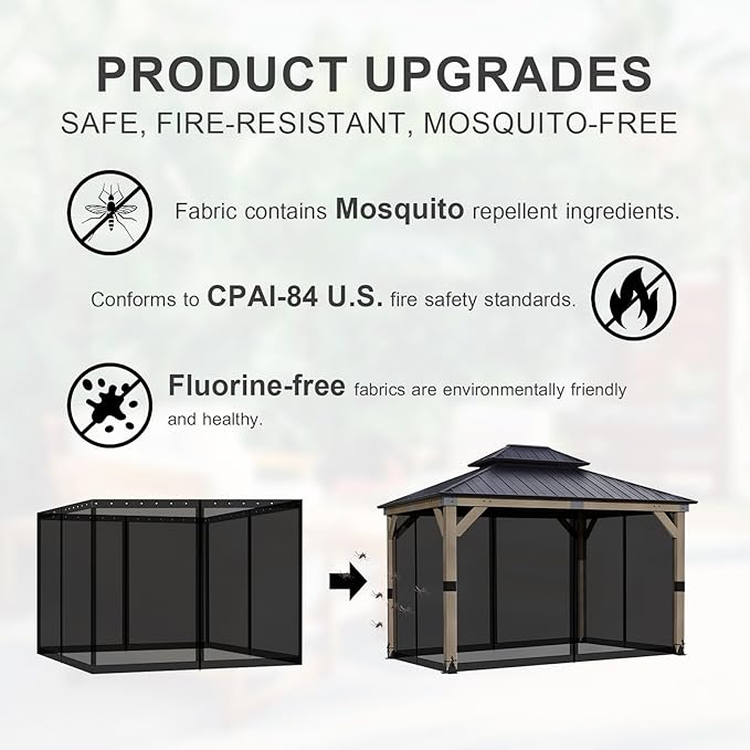 BPS 10' x 12' Gazebo Universal Mosquito Netting Screen Replacement 4-Panel Mesh Screen Walls with Double Zippers for Outdoor Patio Khaki (Mosquito Net Only)