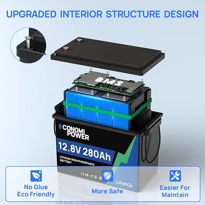 12V 280Ah LiFePO4 Lithium Battery Sheet Metal Reinforced Internal Frame 200A BMS 8000+ Deep Cycle Rechargeable for RV Solar Marine Trolling Motor Off-Grid