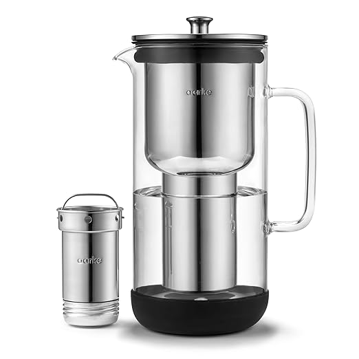Aarke Purifier - Premium Glass and Stainless Steel Water Filter Pitcher Refillable Filter System and Granules 2.4L Pitcher with 1.18L Filtration Capacity