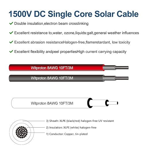10FT 8AWG (10mm²) Solar Extension Cables 1500V Tinned Copper Solar Cable with Hard PPO Plastic 1.5KV 70A IP68 PV Male and Female Connectors(10FT)