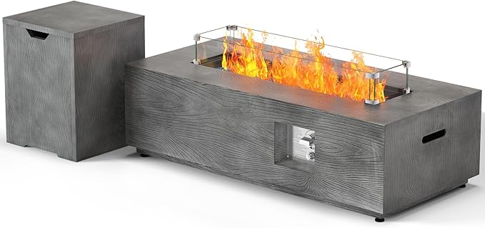 SUNPEAK 42 Rectangular Propane Fire Pit Table 50000 BTU Fireplace Table with Wind Guard Lid Rocks and Cover - Fire Pits &amp Outdoor Fireplaces - Gas Fire Pits for Outside Patio (Charred Oak 42