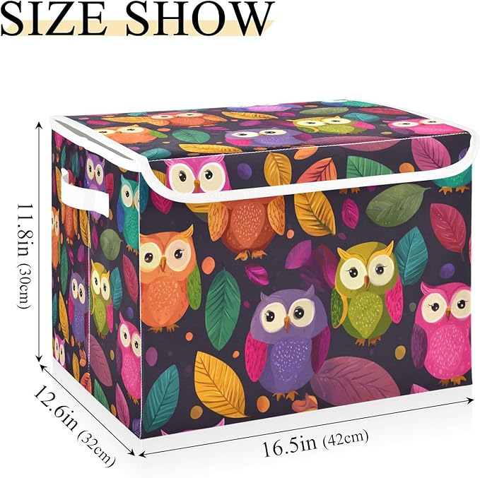 Storage Bins with Lids Storage Containers Box Organizer Bin Basket with Handles for Closet Shelves Clothes Stackable Foldable Decorative Black Owl and Leaves