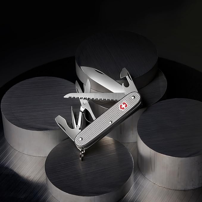 Victorinox Farmer X Alox Swiss Army Knife 10 Function Swiss Made Pocket Knife with Large Blade Wood Saw Bottle Opener and Reamer - Silver
