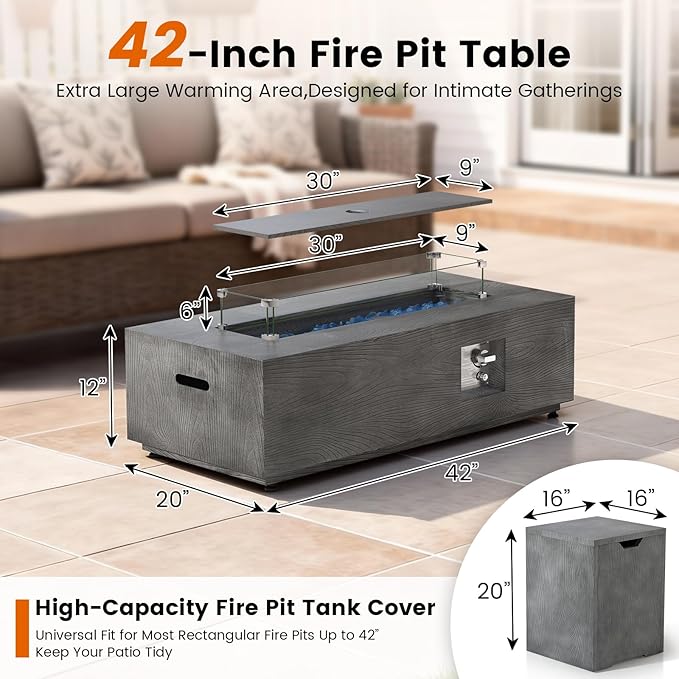 SUNPEAK 42 Rectangular Propane Fire Pit Table 50000 BTU Fireplace Table with Wind Guard Lid Rocks and Cover - Fire Pits &amp Outdoor Fireplaces - Gas Fire Pits for Outside Patio (Charred Oak 42