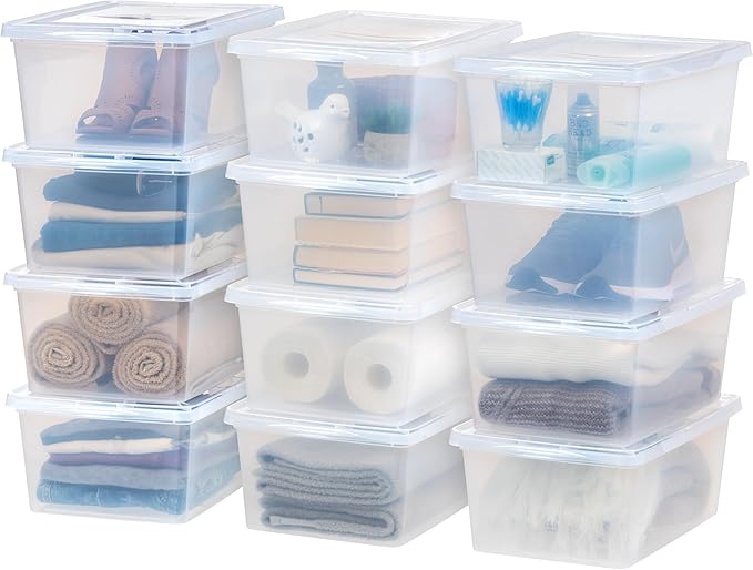 IRIS USA 12-Pack Storage Bins with Lids 17 Quart Shoe Boxes Clear Stackable Containers Organize Shoes Closet Shelves Classroom Organization Teacher Tools Game Storage - BPA-Free Plastic