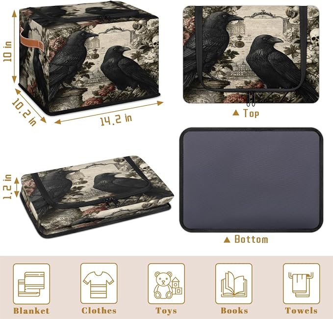 Halloween Skull Storage Bins with Lids Raven Flower Collapsible Cube Storage Basket with Leather Handle Foldable Storage Box with Lids for Organizing Home Closet