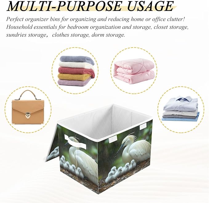 AIXIWAWA Lidded Storage Cube (White Bird Family) Fabric Foldable Closet Bins with Flip Lid and Handles Organizer Basket Container 16.5 x 12.6 x 11.8 IN