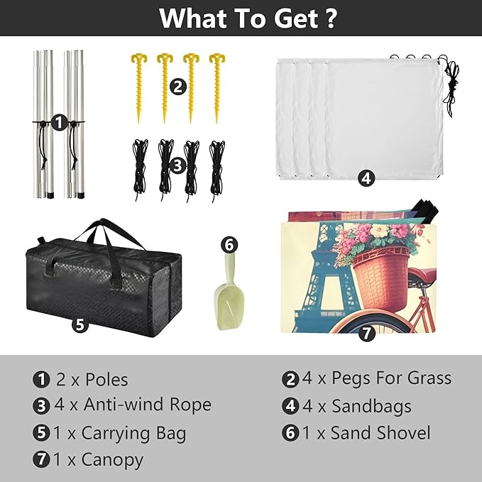 Eiffel Tower Beach Canopy Sun Shelter with Sandbags &amp Sand Shovel &amp Windproof Ropes - Portable 110x126 Beach Shade Beach Tent for Camping Picnics