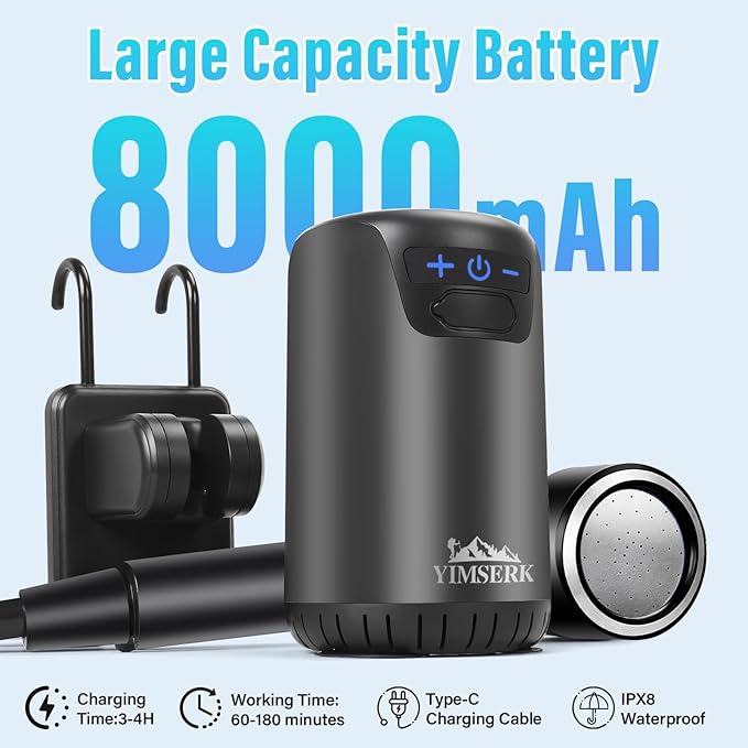 8000mAh Portable Camping Shower 10-Speed Camp Shower Pump LED Display 4 Spray Modes IPX8 Waterproof Outdoor Shower Kit for Hiking Travel Pet Car Wash