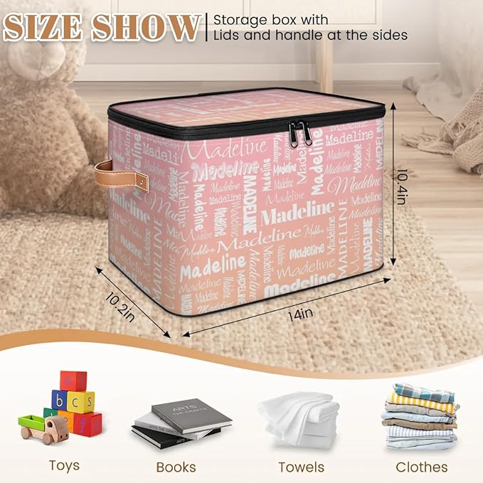Custom Storage Basket with Name Personalized Keepsake Box with Zipper Lid Foldable Fabric Memory Bin Large capacity with Handle Pink Orange