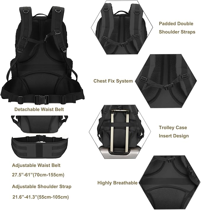 50L Military Tactical Backpack Molle Rucksack Large Army 3 Day Assault Pack Heavy Duty Backpack for Men (Black)