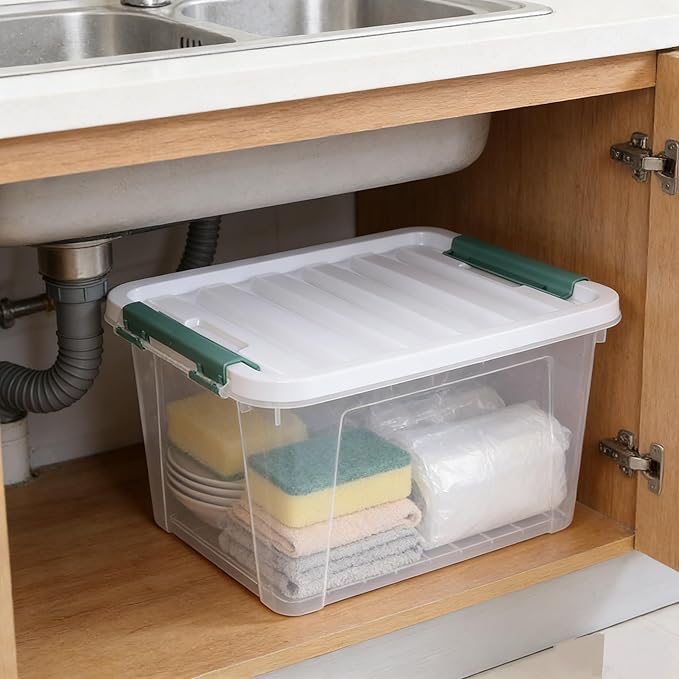 4-Pack Latching Box Storage Bins with Lids Clear Plastic 20 Quart Heavy-Duty Organizing Containers for Closet Bathroom and Office