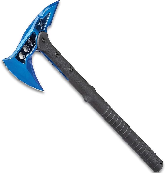 M48 Blue Tactical Tomahawk Axe and Snap On M48 Sheath - Hawk Axe Blue Stainless Steel Blade Piercing Spike Grippy Reinforced Fiberglass Handle Made for Door Breaching and Chopping - Length 15”