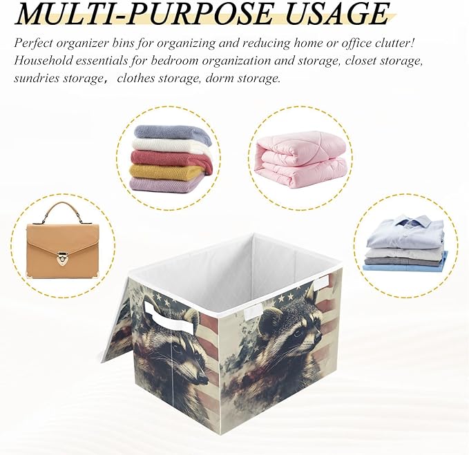 Storage Cube with Lid Raccoon American Print 16.5×12.6×11.8 IN Collapsible Large Capacity Foldable Storage Basket Bin Organizer