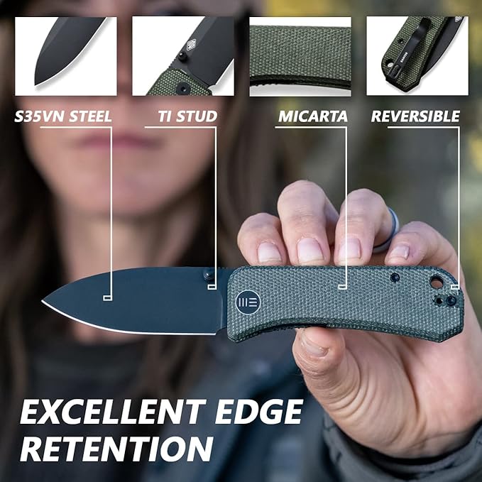 WeKnife Banter Pocket Knife for EDC Ben Petersen Folding Knife with 2.9”S35VN Blade Green Micarta Handle Titanium Thumb Stud Opener 2004J (Green)