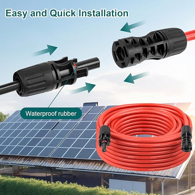 Solar Panel Extension Cable - 8AWG 75FT Solar Wire with Female &amp Male Waterproof Connector PV Wire for RV Photovoltaic Systems Home Boat Solar Panels Car(75Feet Red + 75Feet Black)