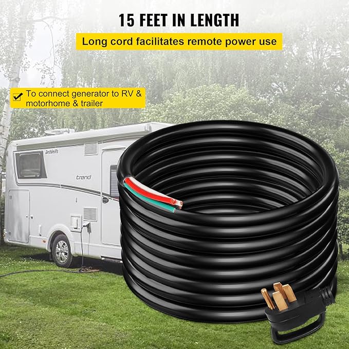 VEVOR 15-Foot 50 Amp Heavy Duty Generator Extension Cord 6/3+8/1 Gauge STW 125V/250V 4-Wire NEMA 14-50P to SS2-50R 12500W Power Cord with Handle for RV EV Transfer Switch